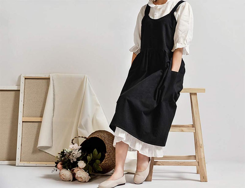 NEWGEM Cotton Linen Cross Back Apron for Women with Pockets for Cooking Baking Black without Waist Ties - Image 3